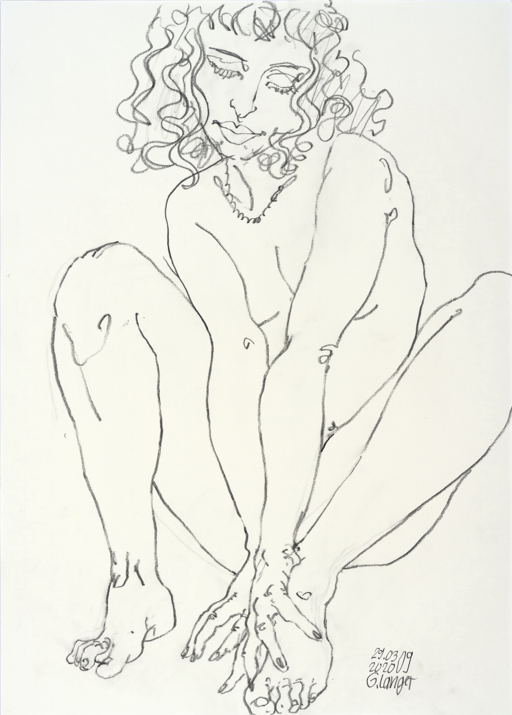 Gunter Langer, Sitzendes nacktes Mädchen, 2020, Zeichnung, Zeichenpapier, 70 x 50 cm